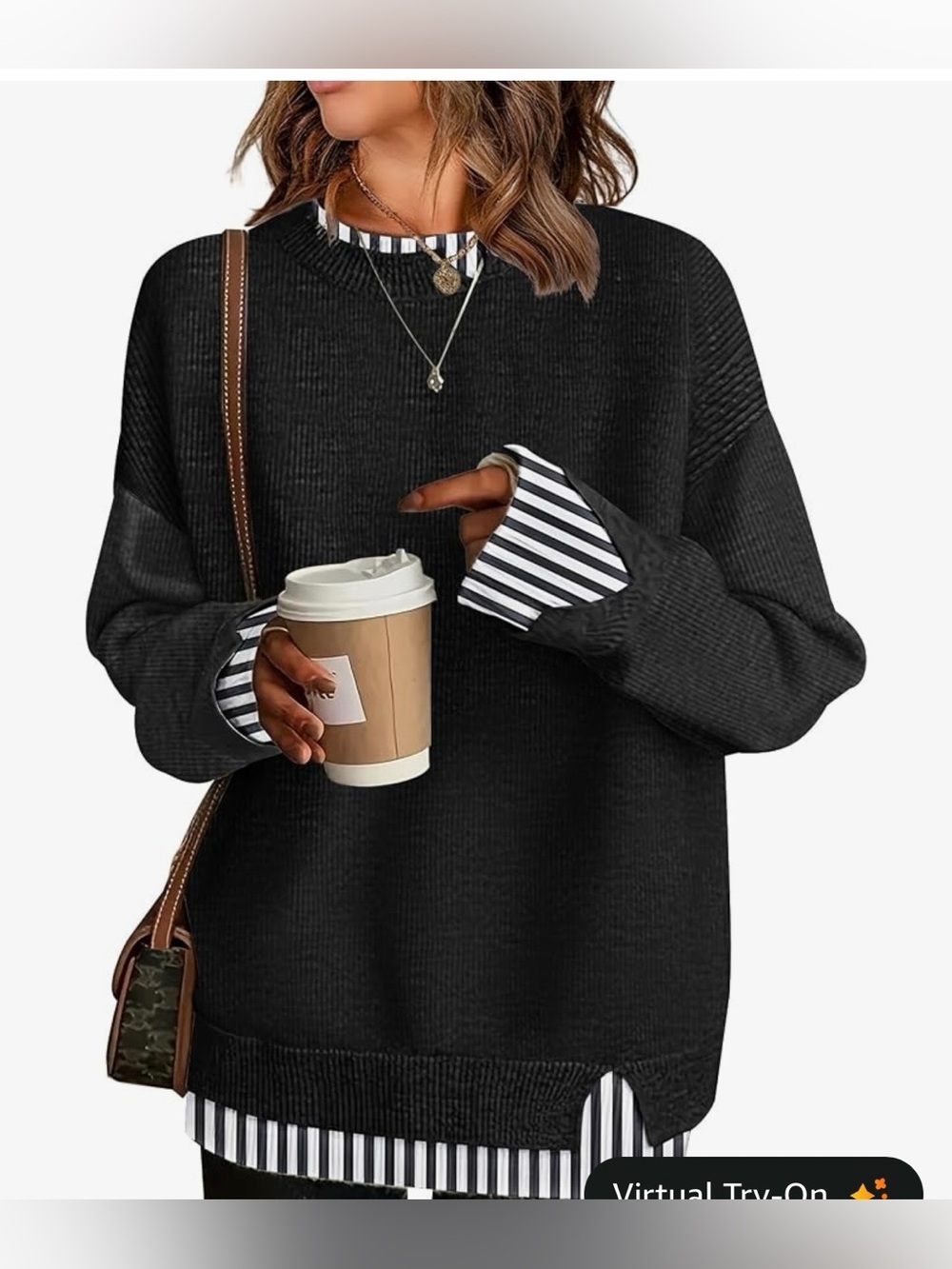 Black Oversized Knit Sweater with Layered Stripe Detail